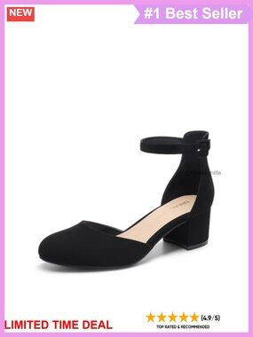 Women's Round Toe Low Block Heel Pumps with Ankle Strap